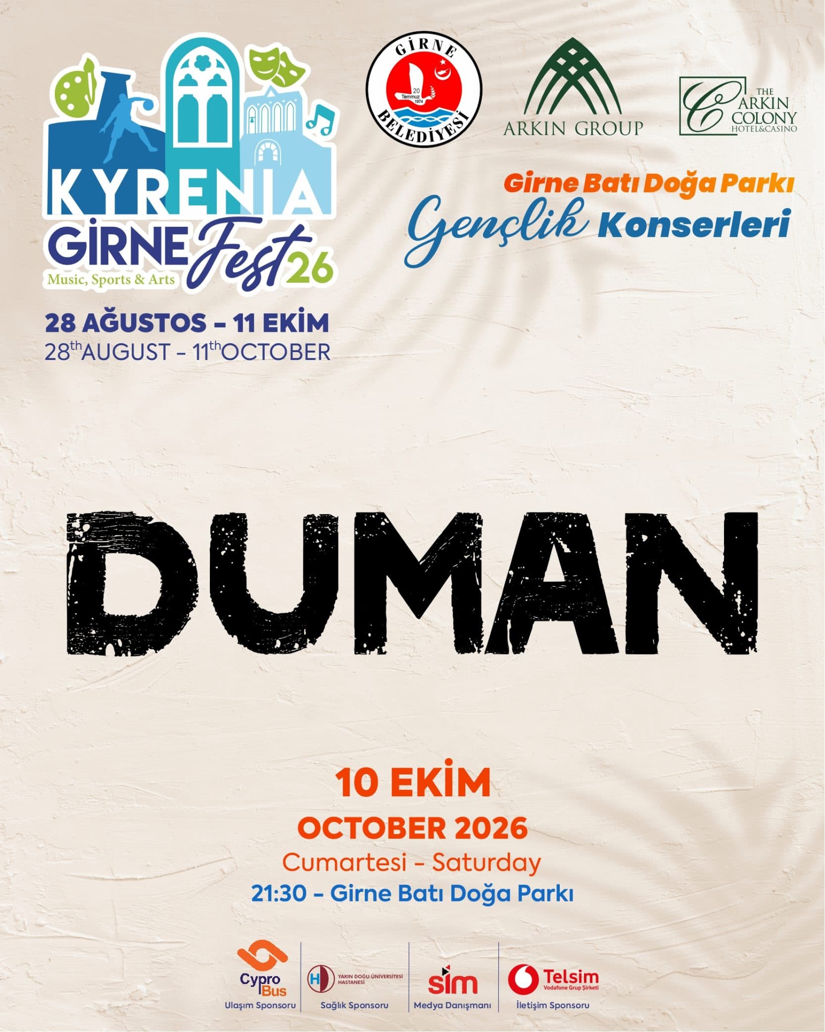 DUMAN & DEDUBLÜMAN X GİRNE FEST26 — Girne Belediyesi Batı Doğa Parkı etkinlik afişi