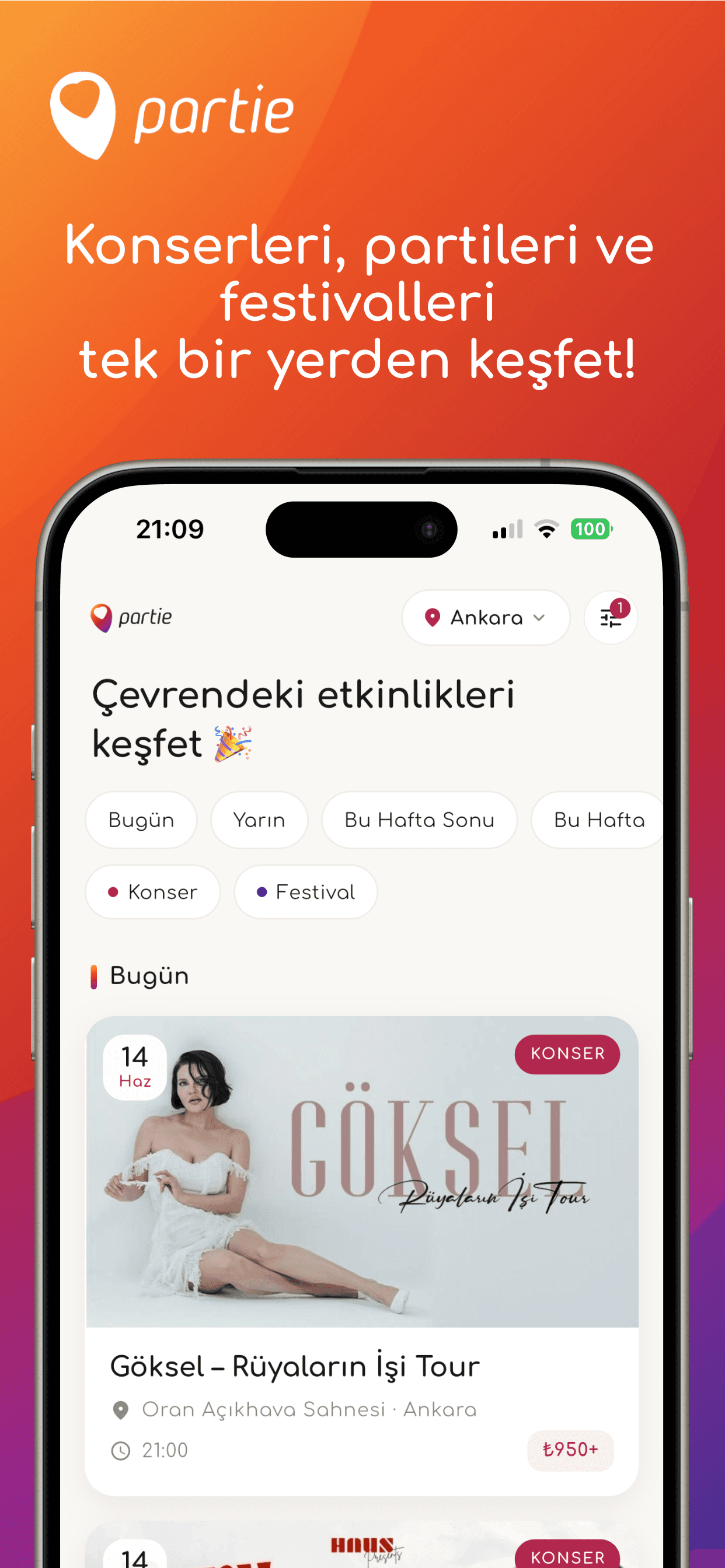 Partie uygulaması — çevrendeki konser ve etkinlikleri keşfet ekranı